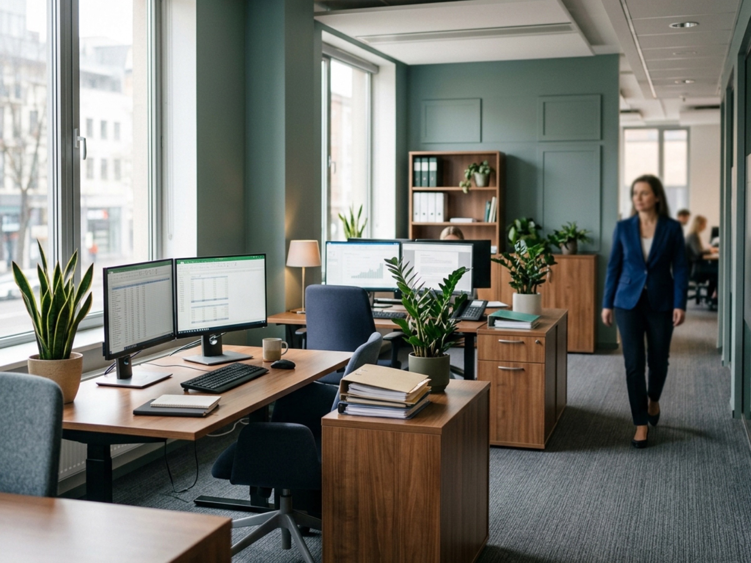 Wider view of the accounting firm office in late afternoon light, partner walking past in soft focus