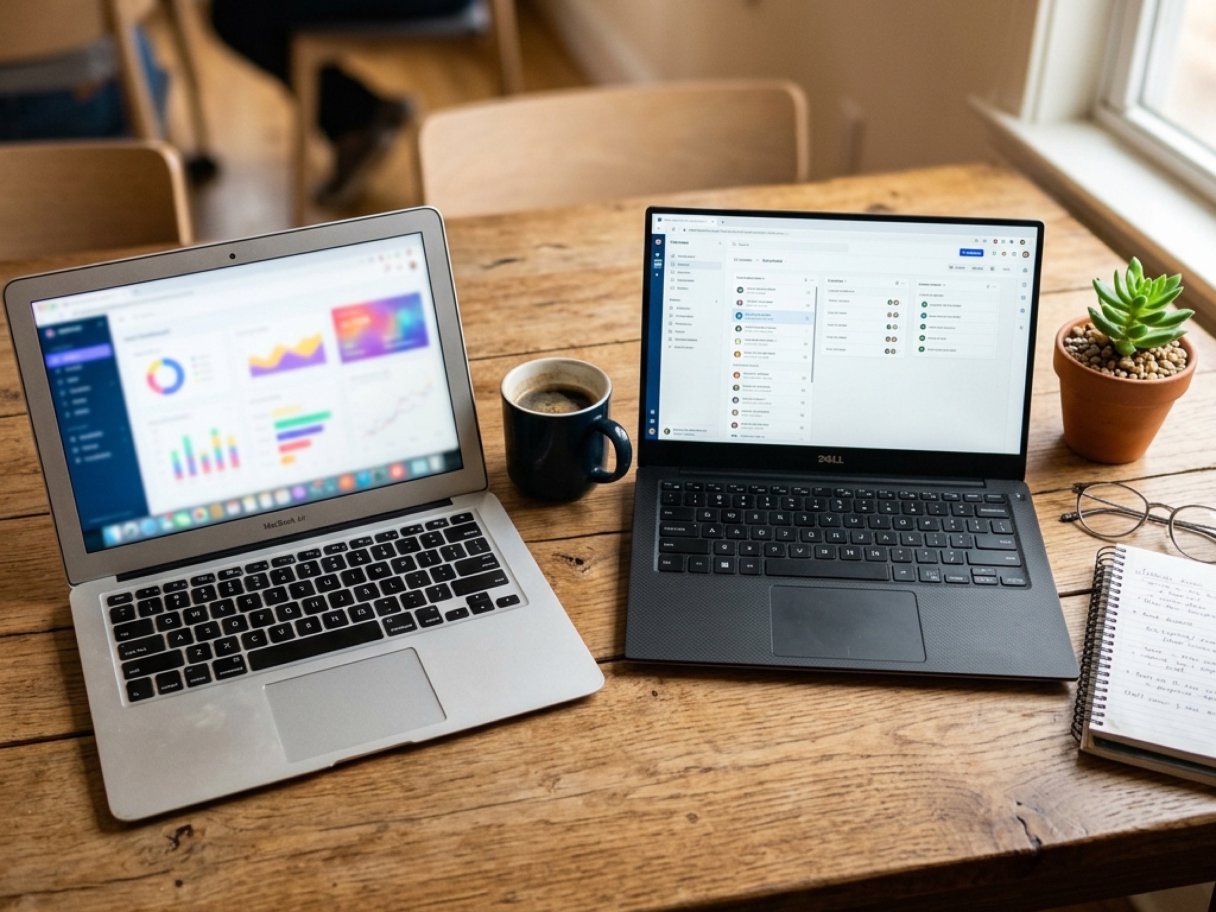 Two laptops side by side on a wood desk, late afternoon light, calm collaborative workspace