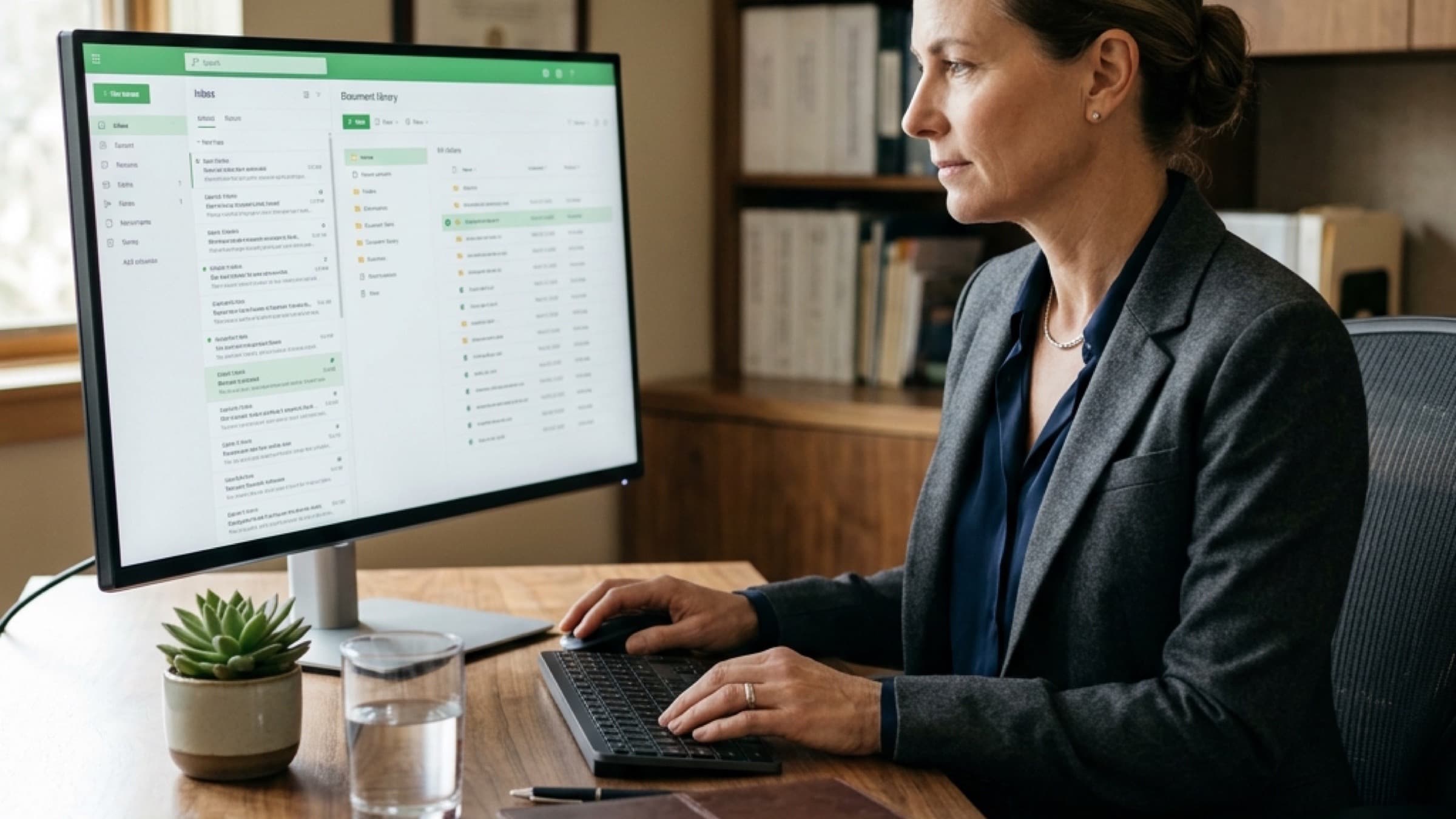 Accounting firm partner reviewing email and SharePoint on a single monitor in a quiet private office