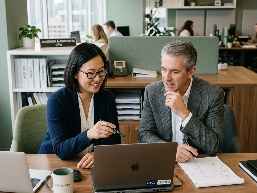 Three CPAs at a conference table with an open laptop, neutral office light, calm collaborative scene