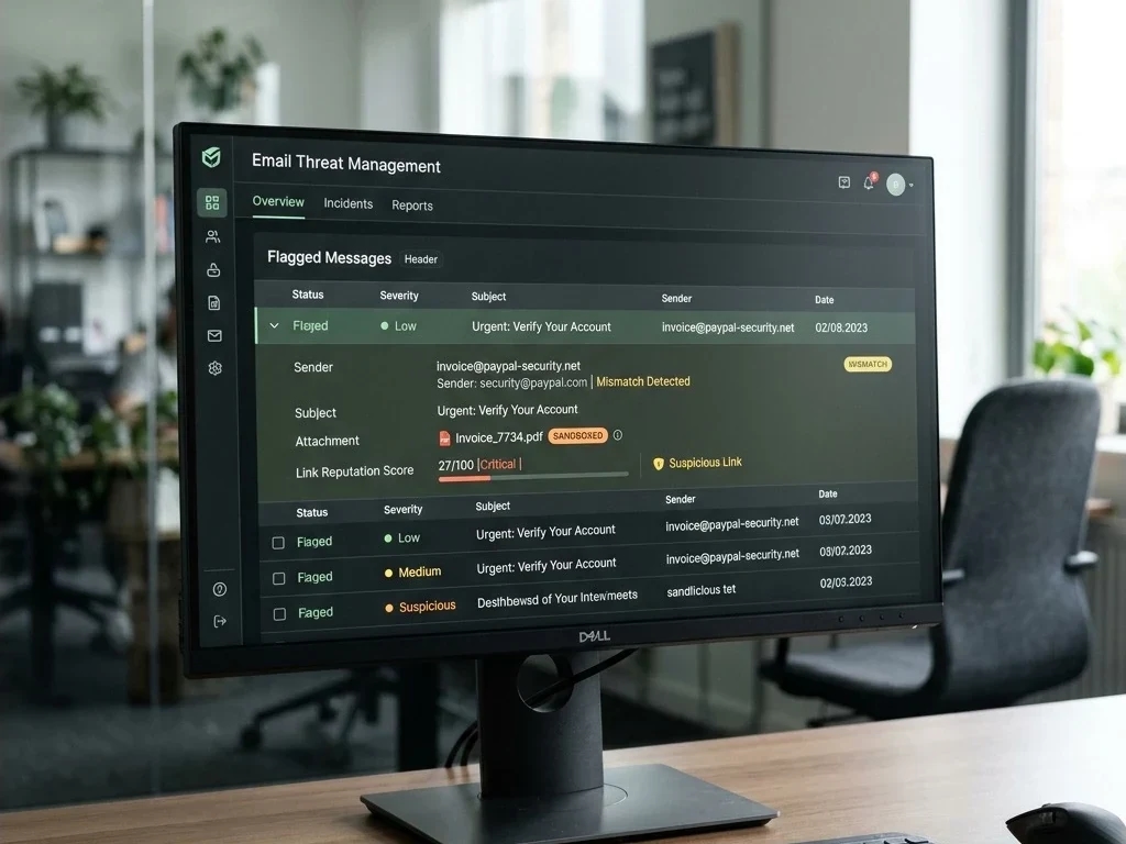Close-up of an email-security console on a CPA workstation: quarantine list, flagged-sender alerts, and a clean inbox in the background